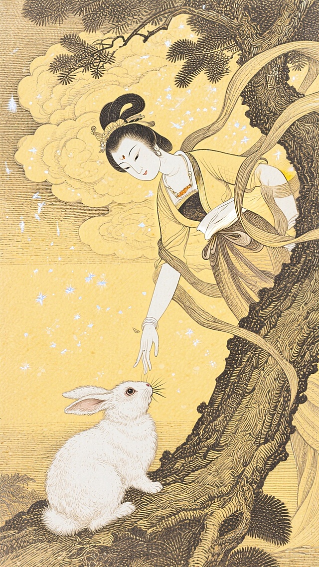 工笔细描嫦娥与玉兔，岩彩晕染金箔背景，鎏金线条勾勒仙姿，古典中式意境中流淌梦幻唯美的中秋情韵。