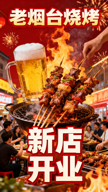 竖版烧烤店海报，暖色调红黄为主，充满烟火气、热闹接地气氛围，画面中央是滋滋冒油的烤串和冰爽啤酒，顶部显眼位置有“老烟台烧烤”店名，下方突出“新店开业”四个大字，周围有热闹的食客、升腾的烟火，整体氛围鲜预览效果