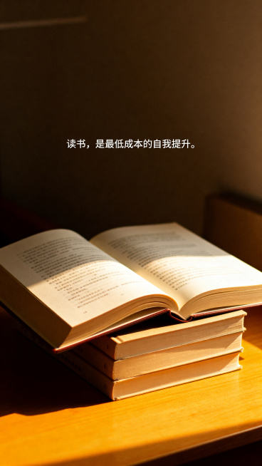 世界读书日主题，文字'读书，是最低成本的自我提升。'，简约文艺风格，翻开的书本堆叠，暖黄色柔和光线，安静的书桌一角，氛围感温暖治愈预览效果