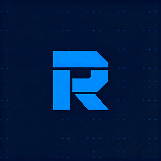 字母标Logo设计，单个字母R作为主体，扁平化风格，几何构建，布尔运算切割重构。现代机器人科技公司，科技感极简设计，蓝色系，矢量图，线条干净流畅，像素级精确对齐，遵循logo设计核心原则：极简主义，几何秩序，视觉平衡。