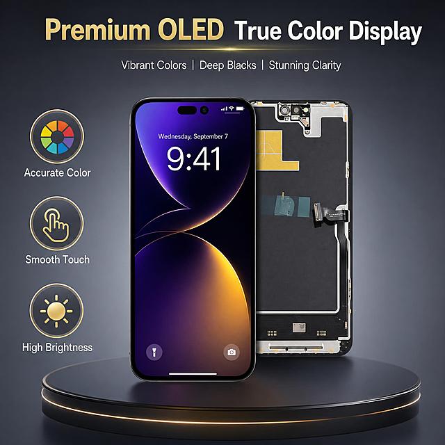 [主图-2] Core value & display quality: Demonstrate mid-to-premium OLED display quality with vibrant color and sharp clarity, showing powered-on display effect.
[Visual style] Premium digital tech aesthetic, cool gray tech style, clean and restrained, soft layered lighting; main colors deep space gray + cool white + gold accents, modern sans-serif bold font, rounded thin stroke semi-transparent card style.
[Composition] Center stage shows the iPhone 14 Pro Max screen assembly powered on, displaying a stunning deep purple and gold gradient wallpaper with crisp text and icons, demonstrating OLED true black and vibrant color accuracy; around the main screen, 3 small circular feature icons float: one for color accuracy, one for touch sensitivity, one for brightness; product occupies about 55% of the frame, centered on medium gray gradient background.
[Lighting & texture] Commercial photography quality, screen display area uniformly bright with deep blacks and vivid colors, subtle glass reflection on screen surface, highlight outlining product edges, soft shadow at bottom creating floating premium feel.
[Color palette] Medium gray gradient background, deep purple and gold on screen display, gold as highlight accent color, white + light gray text.
[Typography] Top main title "Premium OLED  True Color Display"; 3 feature labels below icons: "Accurate Color", "Smooth Touch", "High Brightness"; unified modern sans-serif font, main title largest, feature labels medium size.
[Output requirements] 1:1 square aspect ratio, display effect stunning, product clear, text legible; NO distortion, typos, blur, messy decoration, watermark, platform logo.