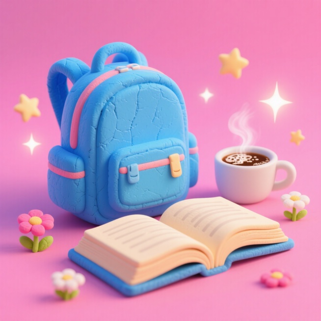 一个蓝色的学生书包，书本，书本摊开，咖啡，星星、小花等氛围装饰，撞色，粉色背景预览效果