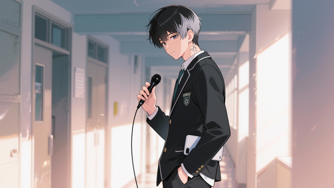 日式动漫风格  反转角色：江辰（叛逆校草・神秘盟友） 帮忙生成三张图，分别为正视图、侧视图、背面图三张
标签强化：叛逆不羁感 + 神秘可靠感，标志性道具（黑色录音笔）突出
三视图描述词：
正面：17预览效果