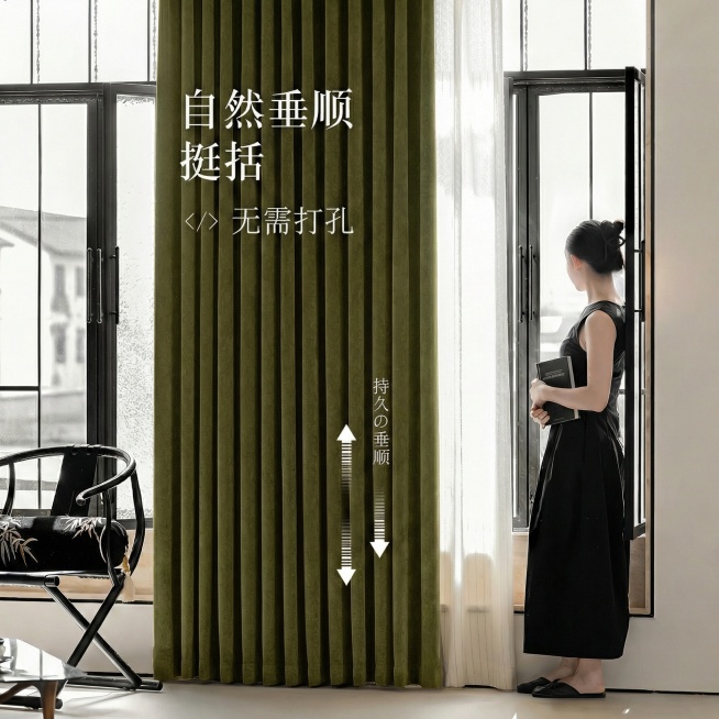 把窗帘的颜色变成橄榄绿色，不要改变原来窗帘的质感材质，其余保持不变，也不要改变字的字体，颜色，大小，排版布局；（换色）预览效果