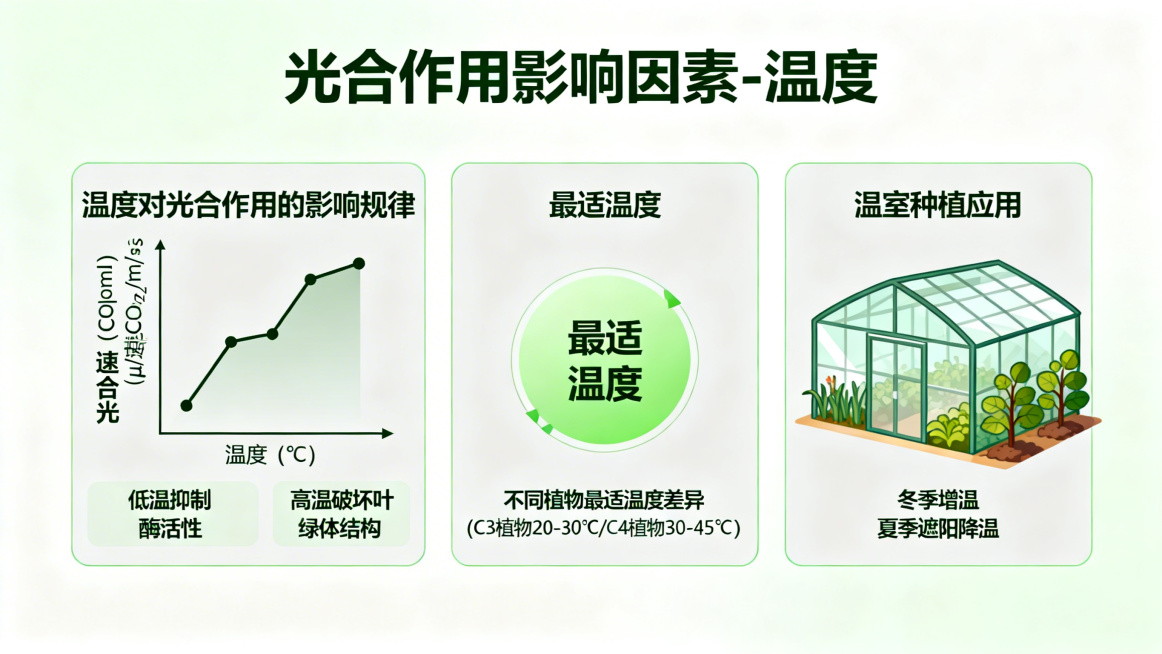 生成光合作用影响因素-温度交互页，内容包含：温度对光合作用的影响规律，最适温度概念，温室种植应用，整体风格统一，绿色教学风预览效果