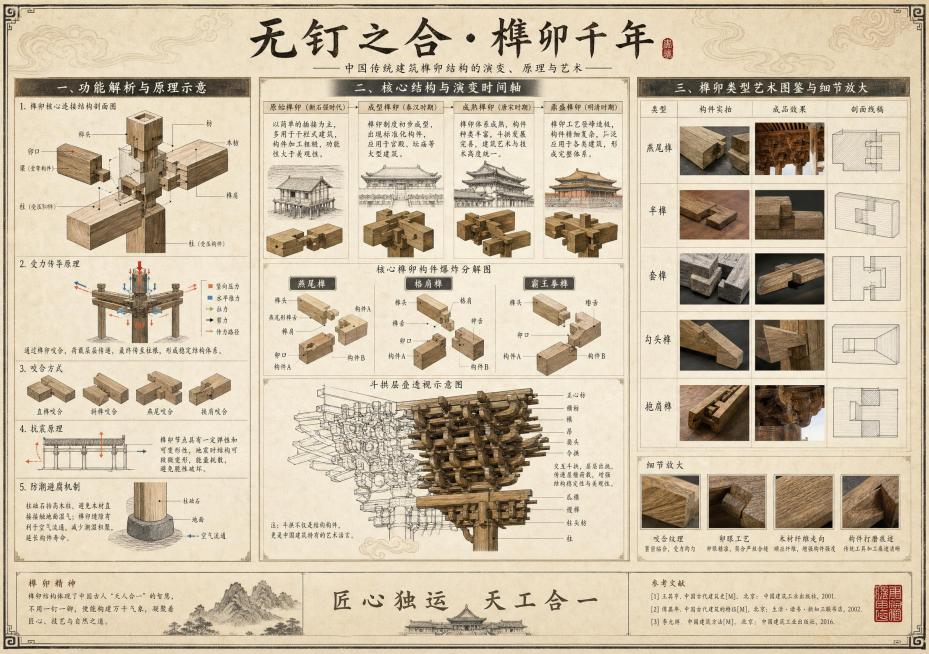 A3 横版展板，横向画幅，中国传统榫卯结构主题建筑史作业，完全对标专业建筑史科普展板风格，国风典雅复古，高清精细画质，分层分区式图文排版，整体信息密度饱满，兼具学术严谨性与视觉美感。
整体页面采用对称预览效果