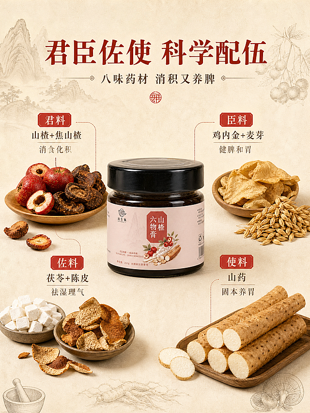 [主图-2] 君臣佐使配方解析 科学配伍卖点图
[统一基调] 中式温润国风 暖米杏色主背景 朱红印章标题字 深棕辅助字 浅金点缀 粗宋标题字体 细宋说明字 圆形印章与药材线稿装饰 整体温暖专业有药食同源质感
[画面] 产品瓶身放在画面中央偏下 占比约40% 瓶身完整清晰 围绕瓶身呈环形分布四组药材原料组 左上君料 山楂与焦山楂实物 右上臣料 鸡内金与麦芽 左下佐料 茯苓与陈皮 右下使料 山药 每组药材旁有对应名称小标签 药材真实摆放有体积感 背景为浅米色宣纸纹理 有淡淡的山水线稿底纹
[光影质感] 柔和顶光+侧光 药材与瓶身都有自然阴影 立体感强 整体温暖明亮 药材纹理清晰可见
[配色] 背景暖米杏色 分区标签用朱红底白字 药材保持原色 文字深棕色 整体和谐统一
[文字版式] 顶部居中粗宋大标题 君臣佐使 科学配伍 下方细宋副标题 八味药材 消积又养脾 四组药材分别标注 君料 山楂+焦山楂 消食化积 臣料 鸡内金+麦芽 健脾和胃 佐料 茯苓+陈皮 祛湿理气 使料 山药 固本养胃 每组用细线连接到对应药材 文字清晰不遮挡主体
[输出要求] 比例3:4 文字清晰可读 产品外观与输入图一致 药材真实自然 无变形错字 无水印 无平台Logo