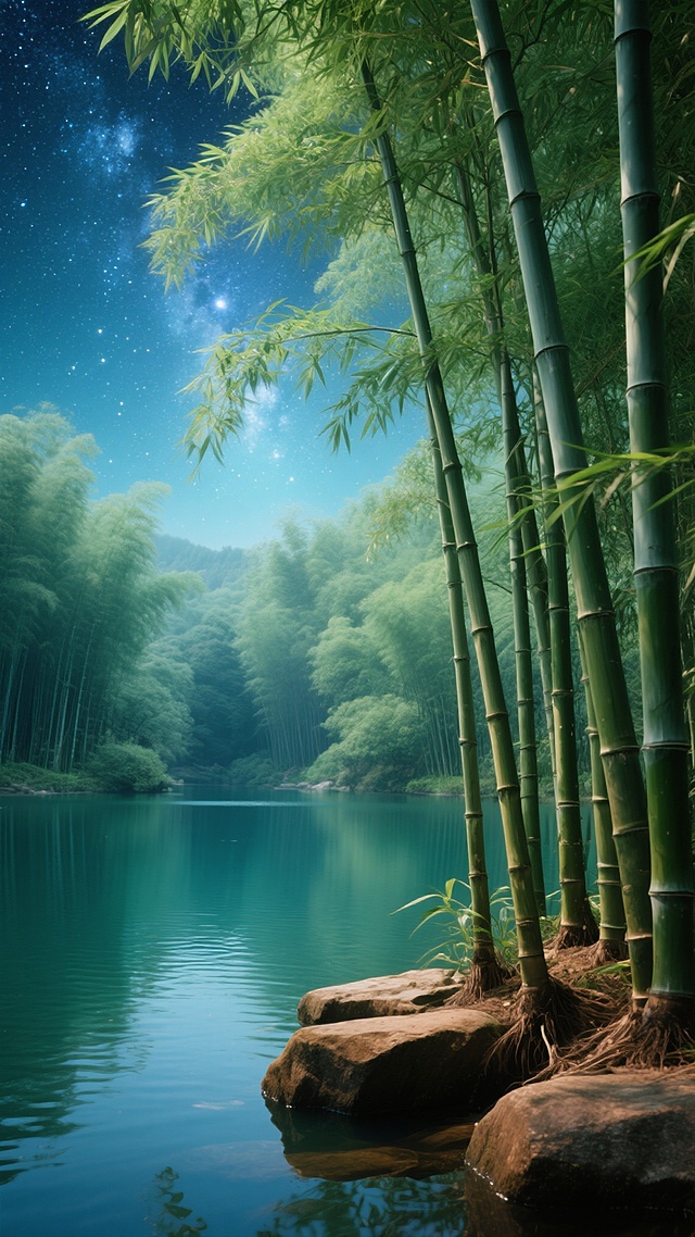 茂密的竹林深处，碧波荡漾的湖面，背景是璀璨的星空，整体呈现浅墨绿色调和蓝色碰撞，竹子扎根在棕色石头上，数量较少，靠近画面侧边，写实摄影风格，高清晰度，光影细腻，氛围感强