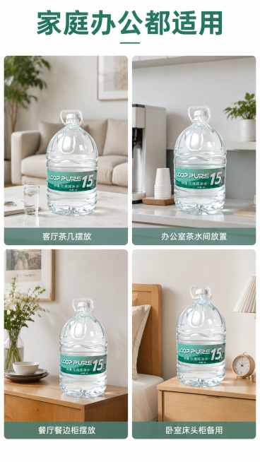 [主图-4] 绿铺15L桶装水多场景适配宫格展示图。[氛围风格] 生活化真实场景，亲切自然。[画质] 真实商业摄影，清晰自然。[元素] 采用四宫格排版，每个宫格展示一个使用场景：1.客厅茶几摆放、2.预览效果