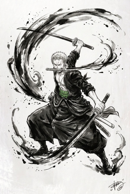 根据图片的墨水风格，画海贼王中人物“索隆”预览效果