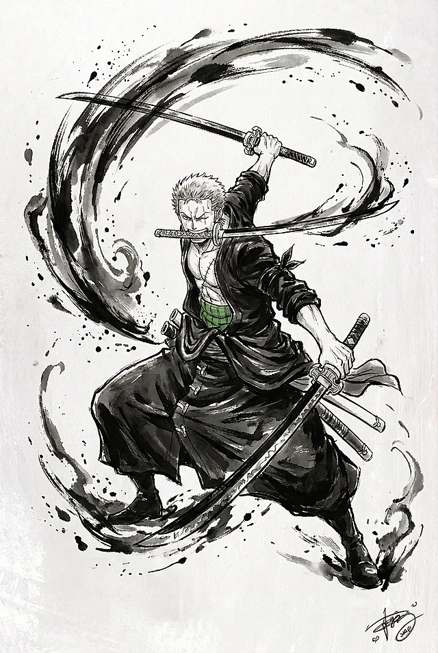 墨水画风格，生成海贼王中人物“索隆”