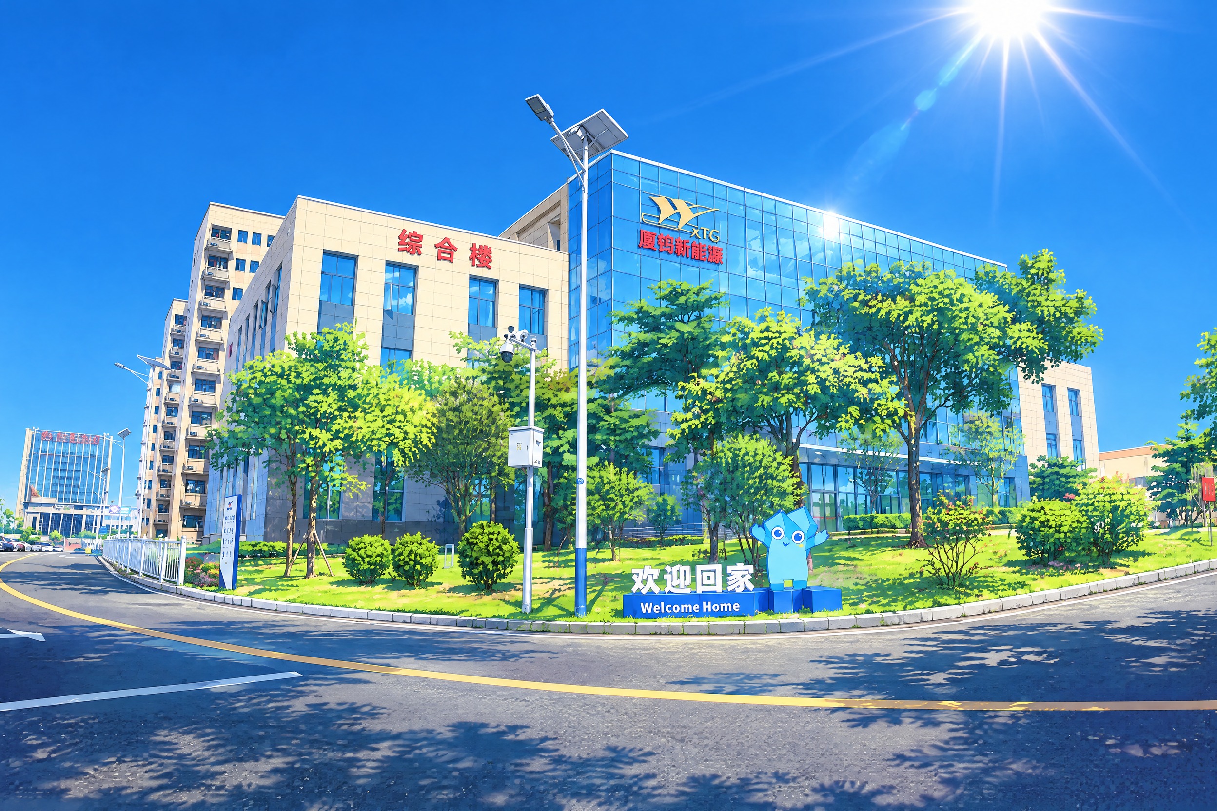将这张综合楼建筑照片转换为日系动漫风格，场景设定为夏天的正午时… - 图片创意预览