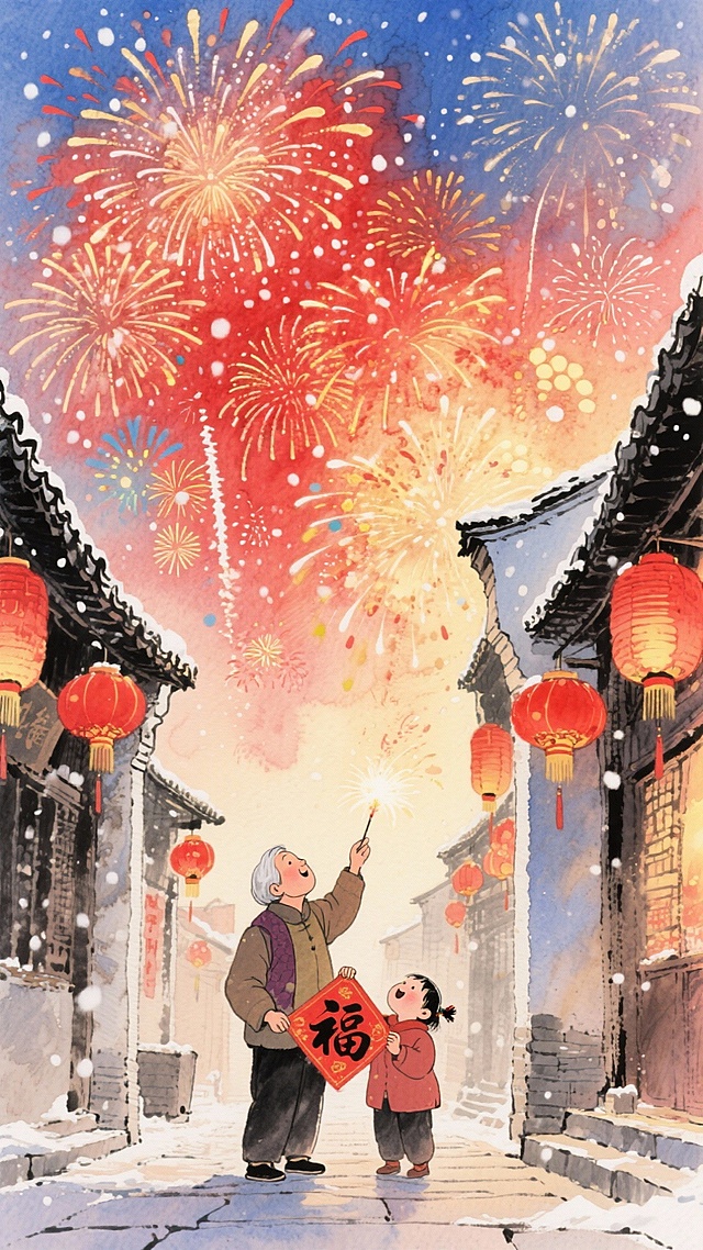 插画风融合国潮与水彩，烟火映雪夜，祖孙共庆新春，红灯笼与“福”字传递喜庆温馨，故事感十足。