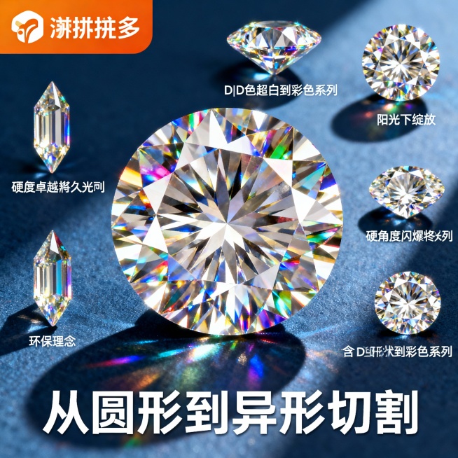 图片这款产品是莫桑石裸钻，我在拼多多卖这款产品，请以我提供的产品图片为主图主体设计20张相关的电商主图。
1.主图卖点： 火彩璀璨，闪耀夺目，在阳光下绽放七彩光芒，每一个角度都闪耀着迷人的光彩，让你成预览效果