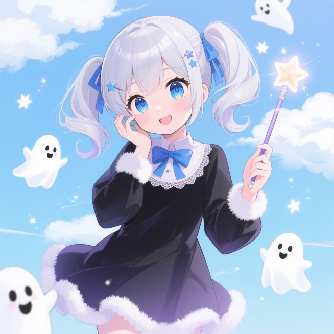 日系二次元动漫风格少女插画，以天蓝色和淡紫色为主色调，柔和的光影效果，画面充满梦幻感和透明感。画面中央是一位银发双马尾少女，她有着蓝色渐变的眼瞳，眼尾微微上扬，此刻正歪着头，嘴角带着俏皮的微笑，一只手托着脸颊，另一只手拿着一个带有星星图案的魔法棒，魔法棒顶端闪烁着微光。少女穿着带有蓝色蝴蝶结和蕾丝花边的黑色连衣裙，袖口和裙摆处有白色绒毛装饰。她的头发上系着蓝色丝带，发间点缀着小巧的星星发饰。背……预览效果
