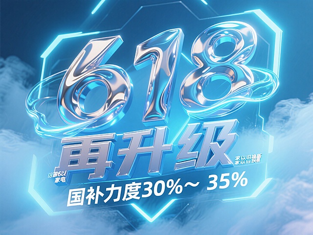 未来感3D玻璃风设计，大字突出“618再升级”，科技感十足，节日氛围浓厚。