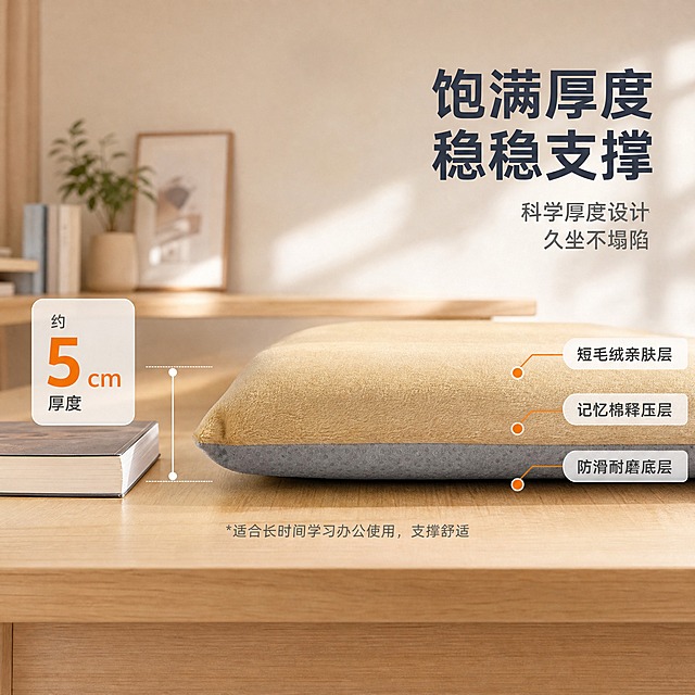[主图-9] 学生坐垫教室椅垫 厚度与支撑力侧面展示。
[统一基调] 温馨居家生活感 高级材质透视 温馨暖调自然光 午后慵懒光斑 同房间浅木色书桌背景 统一字体为无衬线粗体 主标题字色深灰蓝 辅助字色中灰 强调色暖橙色 卡片样式为圆角轻半透明底 无边框厚重色块。
[画面] 产品为卡其色短毛绒记忆棉坐垫，呈侧面视角放置在浅木色桌面上，充分展示坐垫厚度与立体形态，侧面可见短毛绒面料包裹的饱满厚度与底部灰色防滑底的分层结构。画面左侧放置一本厚度对比的书本作为参照，直观体现坐垫厚度。右侧用引线标注厚度示意与分层结构：上层短毛绒面、中层记忆棉、下层防滑底。背景简洁干净，突出产品侧面轮廓。
[光影质感] 商业摄影质感 侧光突出厚度层次与立体感 短毛绒侧面绒感细腻 边缘圆润饱满 分层结构清晰 防滑底纹理可见 阴影柔和有厚度感。
[配色] 背景浅灰渐变+浅木色桌面 主标题深灰蓝 辅助文案中灰 强调色暖橙色 产品卡其色与灰色保持真实 色调干净专业。
[文字版式] 右侧垂直信息版 主标题「饱满厚度 稳稳支撑」居右上 下方三条引线标注分别为「短毛绒亲肤层」「记忆棉释压层」「防滑耐磨底层」 左侧厚度对比区标注「约5cm厚度」 文字排版整齐 不遮挡主体。
[输出要求] 比例1:1 2048x2048 文字清晰可读 产品清晰不变形 无错字 无水印 无平台Logo 无杂乱元素 禁止极限词。