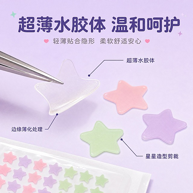 [主图-3] 材质结构与细节，展示星星祛痘贴的细节特写，突出材质薄透与边缘剪裁。
[统一基调] 清新马卡龙少女风，背景为淡紫色渐变，主标题字色为深紫色，辅助字色为灰粉色，强调色为薄荷绿，字体为圆润可爱的无衬线体。
[画面] 画面中央放大展示几颗星星祛痘贴的细节，其中一颗被镊子轻轻夹起一角，展示其超薄的厚度和半透明的水胶体材质。旁边平放2-3颗不同颜色的星星贴（粉色、浅紫、浅绿），展示星星形状的精致剪裁和均匀边缘。背景为淡紫色渐变，柔和干净。底部可以看到一版完整的星星贴内包装作为参照。用引线标注出"超薄水胶体""星星造型剪裁""边缘薄化处理"三个细节点。
[光影质感] 微距摄影质感，光线柔和均匀，星星贴的半透明材质表现清晰，边缘薄透可见，有细腻的材质反光。
[配色] 背景淡紫色渐变，标题深紫色，辅助文字灰粉色，引线为深紫色细线条。
[文字版式] 上方主标题"超薄水胶体 温和呵护"，深紫色粗体大字；三个细节标注用引线连接对应位置，文字为深紫色小号字。文字布局不遮挡主体细节。
[输出要求] 1:1正方形比例，2048x2048像素，文字清晰可读，细节清晰锐利，无水印无平台Logo，无多余杂物。