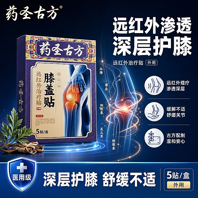 [单张主图] 药圣古方远红外治疗贴膝盖贴，爆款促销感医用科技风主图，参考牙膏主图的深蓝科技医用色调与光影质感，做差异化构图与文案，目标是一眼看懂产品、传递专业医用感、突出膝盖护理功效。

[参考比对] 参考牙膏主图的特征：深蓝渐变背景、分子结构光点、透明3D器官模型（牙齿）、左侧大标题+三图标卖点、底部通栏权益条、产品居中偏右站立、水面波纹承托、医用蓝白配色、专业医疗光影。差异化方向：构图改为左品右文（原参考左文右品），器官模型从牙齿替换为膝盖关节，道具从薄荷叶替换为艾草/中草药元素，标题文案全部替换为膝盖贴相关卖点，视角从平视正面改为微仰视45度角，信息结构从上下分层改为左右分区，背景从水面+分子改为能量光波+经络线条。

[画面主体] 产品为药圣古方膝盖贴包装盒1个，位于画面左侧偏中下位置，占画面约45%，包装盒呈微仰视45度角斜立摆放，正面朝向观众略向右转15度。包装盒外观必须与输入产品图完全一致：紫色为主色调，顶部有金色花纹装饰边框，中间紫色底配金色"药圣古方"大字，下方米黄色区域写有"远红外治疗贴 膝盖贴 外用"字样，右侧有半透明膝盖骨骼示意图，底部标注"5贴/盒"。包装盒材质为哑光纸盒，表面有细腻纹理，Logo和文字清晰完整，无变形、无错字。

[构图版式] 采用左文右品标签参数型的反向变体（左品右文），左侧产品主体，右侧信息区，底部通栏信息条收口。信息层级：右侧主标题 > 右侧三卖点图标组 > 产品主体 > 底部通栏权益 > 左上角品牌位。

[场景元素] 背景为深蓝色到藏青色的径向渐变，中心亮四周暗，充满科技医疗感。画面右半部分有一个半透明发光的3D膝盖关节模型（骨骼结构清晰可见，关节处有暖红色能量光点表示治疗部位），周围环绕流动的远红外能量光波线条和金色光点粒子，类似分子结构但更偏经络能量感。左下角有几株新鲜艾草叶片和中草药元素作为点缀，增加中药古方的信任感。产品下方有淡淡的圆形光晕承托，营造悬浮科技感。左上角放品牌位"药圣古方"。右侧中部竖向排列3组卖点图标+文字，图标为简约线描风格。底部20%区域用深蓝色到亮蓝色的渐变通栏，左侧放盾牌+十字医用图标，中间放核心利益点，右侧放规格信息。

[文案版式] 所有文字清晰可读，不遮挡产品主体。左上角品牌："药圣古方"（白色宋体风格，带金色描边）。右侧主标题（两行超大白色粗黑体）：第一行"远红外渗透"，第二行"深层护膝"。主标题下方有一行小字副标题："远红外治疗贴 外用"。右侧三卖点（从上到下，每个卖点配一个圆形白底图标）：1. 图标为波浪线+膝盖，文字"远红外理疗 渗透深层"；2. 图标为手掌+膝盖，文字"缓解不适 舒缓关节"；3. 图标为药草+贴剂，文字"古方配制 温和安心"。底部通栏左侧盾牌图标内文字"医用级"，中间大文字"深层护膝 舒缓不适"，右侧文字"5贴/盒 外用"。

[光影质感] 商业医疗摄影质感，主光从左上方45度照射，产品左侧受光充分，右侧有自然阴影，包装盒边缘有清晰高光，体现纸盒材质的细腻感。背景有柔和的径向光晕，膝盖模型自发光呈半透明果冻质感，能量光波有流动光效。整体光影干净、专业、有科技感，类似医用产品宣传片的视觉效果。

[配色字体] 主色调：深蓝、藏青、白色；辅助色：金色、暖红色（能量光点）、艾草绿（点缀）；强调色：亮蓝色（通栏渐变）。字体：主标题用粗黑体，厚重有力；辅助文案用中等粗细无衬线体；品牌名用宋体风格带古韵。文字层级清晰，主标题字号最大，卖点文字次之，说明文字最小。

[比例分辨率] 1:1正方形，2K分辨率，文字清晰可辨，产品细节锐利。

[负向提示词] 产品变形、包装盒颜色错误、文字错字糊字、伪Logo、主体被遮挡、背景杂乱、低清晰度、错误的膝盖结构、人物面部、多余手指畸形、水印、平台Logo、二维码、手机号、绝对化用语如"最""第一""100%"、牙膏、牙齿、口腔相关元素。