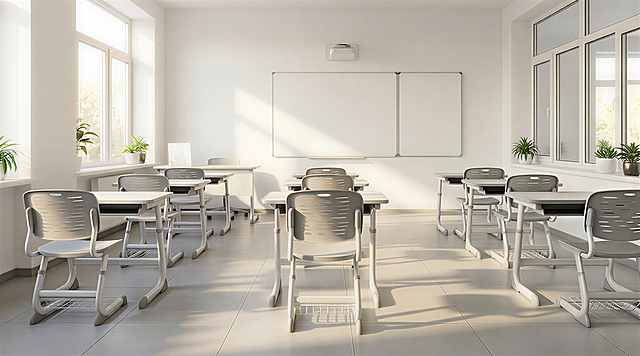 现代感教室，清爽清透的3D风设计，轻拟物元素与简约主义融合，光影交织营造舒适学习空间。