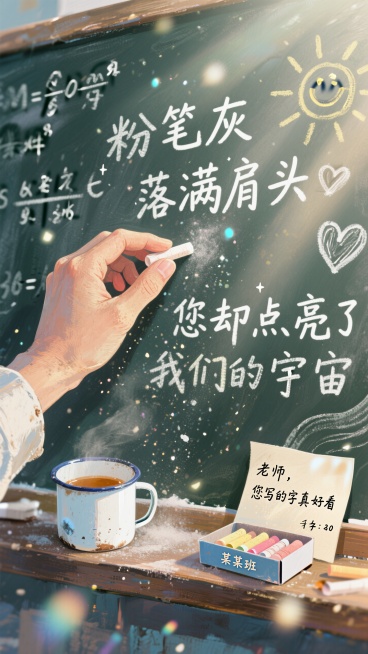 左侧：特写一只握了多年粉笔、指节有薄茧的手，正在黑板上书写公式/诗句，粉笔灰如“细碎星光”般往下飘落（可做微光特效）。  
右侧：黑板角落画着学生偷偷画的小太阳/爱心，下方摆着半盒粉笔、一个印着“某某预览效果