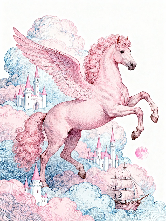 欧洲宫廷风，线描，排线插画，由彩色排线构成的画面：通体柔粉色的带翼飞马（鬃尾呈蓬松卷发质感，翅膀羽毛纹理细腻，肌肉线条流畅且姿态矫健，呈前蹄扬起的动态伫立状）马背后有部分云团；全部细密的云层紧密包裹着马（层次丰富的粉蓝渐变云朵，云层间分布着粉白尖顶城堡、复古帆船建筑，点缀粉月等天体元素）；线条精致柔和，色彩以低饱和柔粉、浅蓝为主，飞马占据画面核心区域；纯白色背景