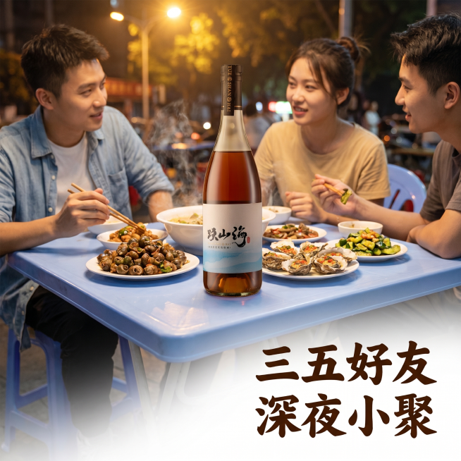 [主图 3] 跃山海黄酒深夜排挡小聚主图，夜宵氛围温暖烟火气；
[氛围风格] 好友小聚热闹烟火氛围；
[画质] 商业摄影质感，光线柔和通透，产品清晰真实，画面干净高级；
[元素] 三人围坐排挡塑料餐桌预览效果
