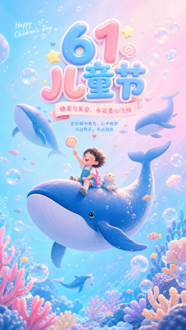 竖版六一儿童节海报，清新海洋治愈风。淡蓝与浅粉渐变的柔和背景下，孩童坐在巨大的蓝色鲸鱼背上，周围还有其他鲸鱼与泡泡、小鱼点缀，整体画面像梦幻的海底世界。搭配可爱的 “61 儿童节” 艺术字，传递 “糖预览效果