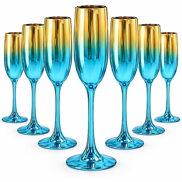 [主图-1] Juego de 6 Copas de Champán Degradado Oro-Azul 亚马逊首图，纯白底产品展示。
[统一基调] 亚马逊跨境主图视觉，纯白底#FFFFFF，产品居中，无文字无水印无道具，商业摄影质感，洁净通透高级感。
[画面] 6只金蓝渐变电镀香槟杯整齐排列展示，其中1只位于前景居中作为主视觉，另外5只在后方错落排列形成套装量感；杯子外观与参考图完全一致：杯口金色电镀向下渐变为湖蓝色，杯身修长，细长杯柄，圆形底座，整体电镀镜面反光效果；产品占画面85%以上，完整不切割，正面微侧视角；杯底有自然柔和的接触阴影，无悬浮感。
[光影质感] 影棚级商业摄影，主光来自左上方45度，杯身电镀层呈现细腻的金色到蓝色渐变过渡，高光柔和不刺眼，玻璃质感通透，边缘清晰锐利；白底纯净，阴影自然。
[配色] 纯白背景，产品本身金蓝渐变色为主视觉。
[文字版式] 亚马逊首图，无任何文字、Logo、水印、边框或装饰元素。
[输出要求] 1:1正方形比例，2K分辨率，产品清晰锐利，不变形，无色差，无多余手指、无人物、无杂乱背景，无水印无平台Logo。