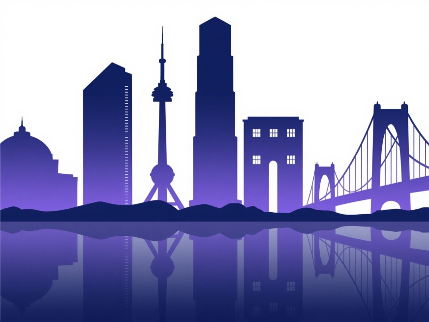 城市地标剪影风格插画，以深蓝色到紫色的渐变色调为主，展现不同城市的标志性建筑轮廓，包括高耸的摩天大楼、独特的塔楼和桥梁等，建筑剪影边缘清晰，内部有简约的窗户细节，下方配有对称的水面倒影，倒影呈现由深至浅的渐变效果，整体画面简洁现代，背景为纯白色，营造出宁静而富有都市感的氛围。预览效果