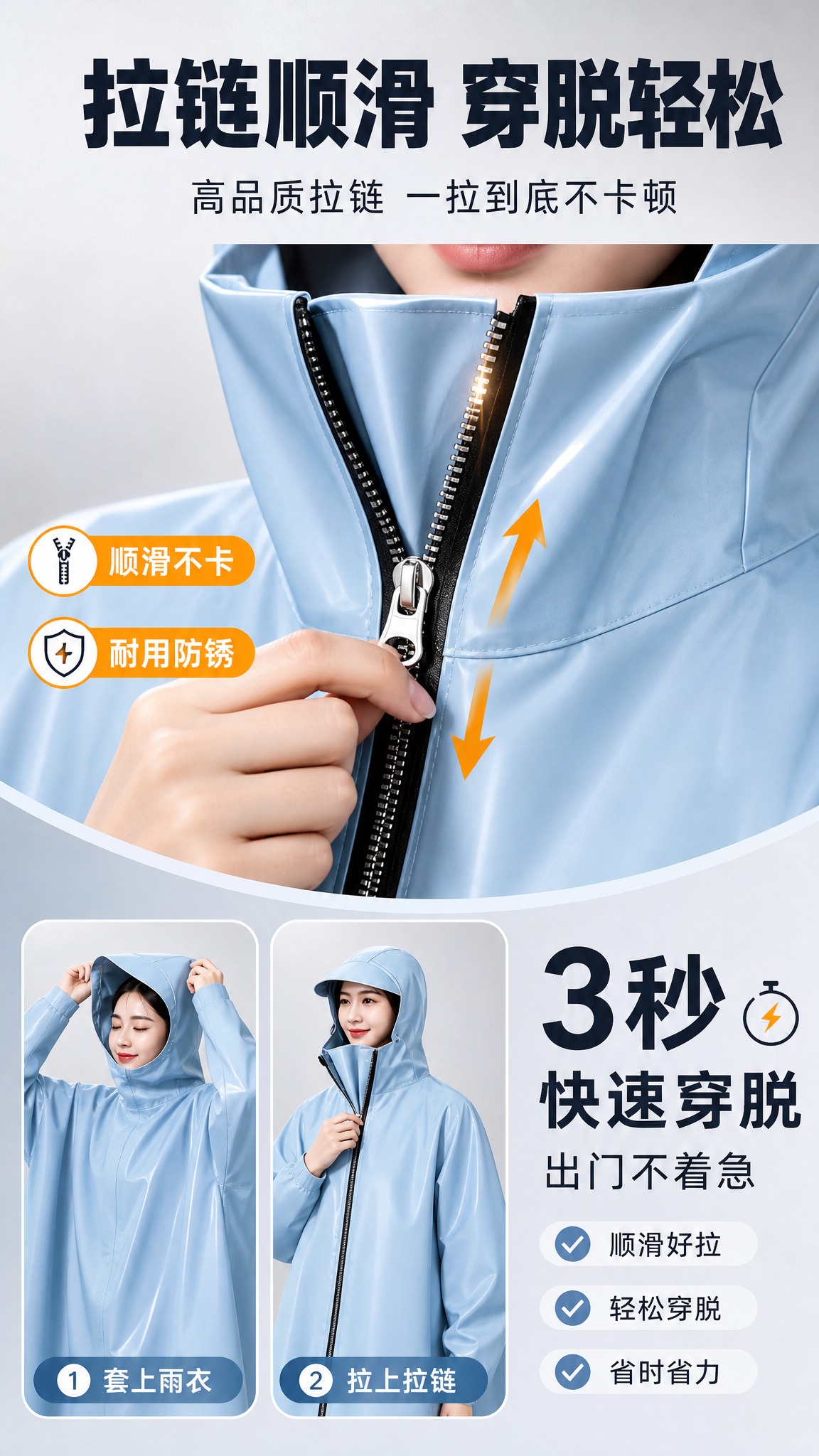 [商品] 使用【图1】浅蓝色电动车带袖雨衣拉链部位；保留拉链设… - 图片创意预览