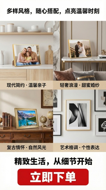 淘宝详情页多风格展示图，9:16比例，展示这款金色相框搭配不同风格照片的效果，包括亲子照、婚纱照、风景照、艺术照，适配现代简约、轻奢、复古等不同家居风格，营造多样的温馨氛围，激发用户的使用想象，字体用预览效果