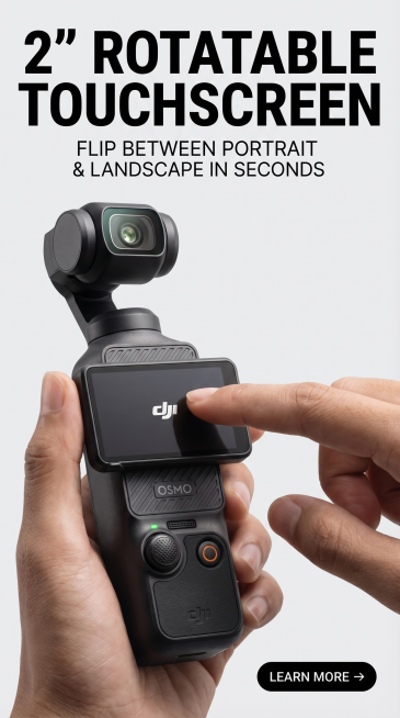 严格还原DJI Osmo Pocket 3产品细节，包括包装设计、颜色、LOGO位置、文字内容、图案元素。产品尺寸139.7×42.2×33.5mm，重量179g。9:16竖屏，8K超高清，高锐度，欧预览效果