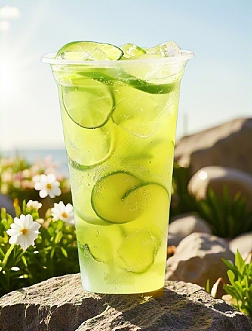 清新黄瓜饮品，实景拍摄，自然光线下展现清爽感与生机。