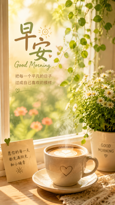 温馨风格的早安图，阳光柔和，搭配清新绿植和咖啡，整体温暖治愈预览效果