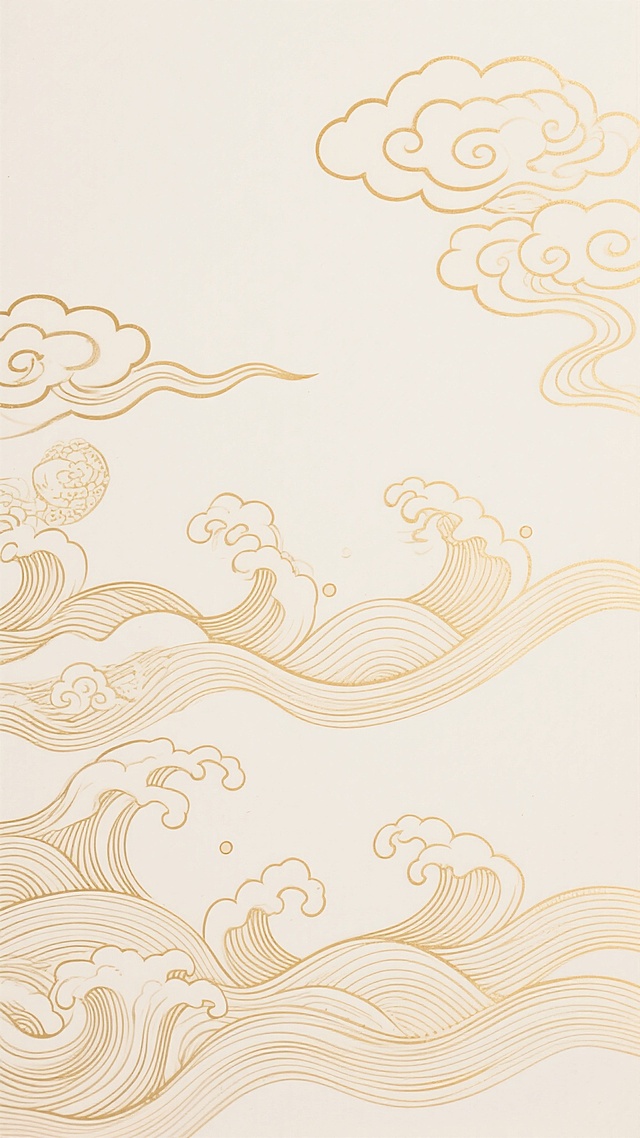 中国传统云纹与波浪纹组合图案，以流畅细腻的金色线条勾勒，呈现出古典雅致的工笔白描风格，大面积留白背景，暖金色调营造温馨祥和的中秋氛围，整体构图疏密有致，线条婉转灵动，充满东方美学韵味。