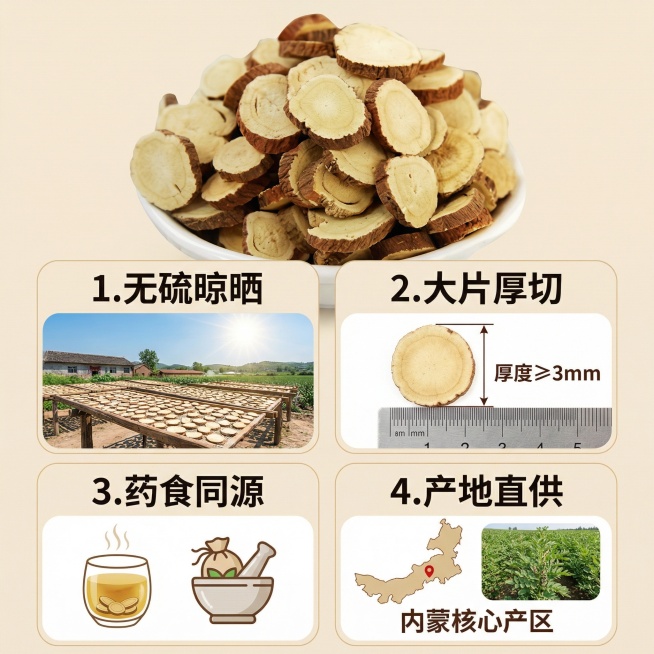 基于现有甘草片图片，制作核心卖点详情图，分模块展示：1. 无硫晾晒：搭配晾晒场景小图；2. 大片厚切：标注“厚度≥3mm”；3. 药食同源：展示泡茶、入药两种场景图标；4. 产地直供：标注“内蒙核心产预览效果