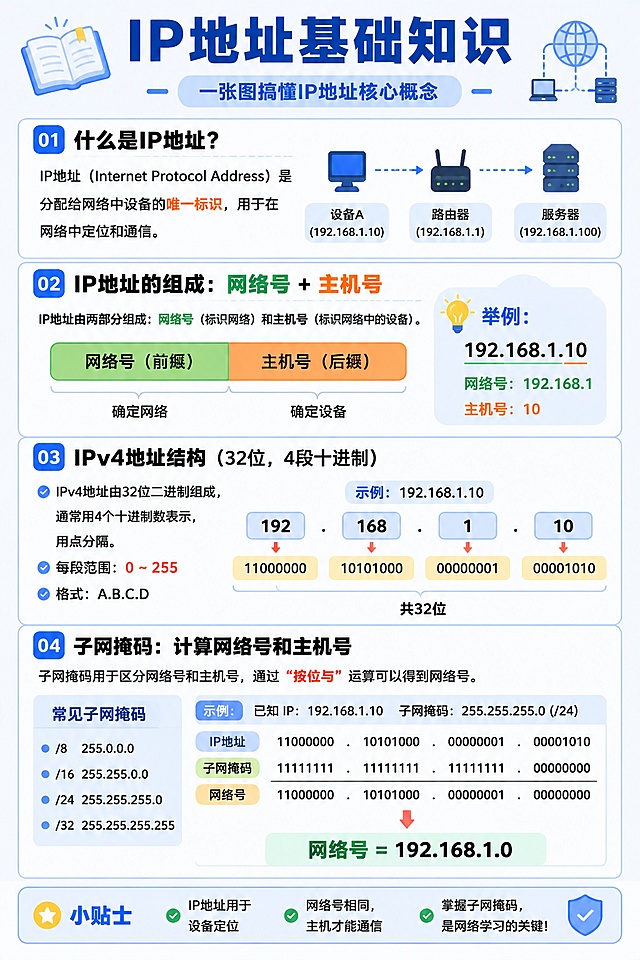 制作一张IP地址基础知识学习卡片，正面内容包含：IP地址定义、IP地址组成（网络号+主机号）、IPv4结构（32位4段）、子网掩码计算网络号和主机号的方法，配上示例，清晰梳理知识点，风格清新简洁，适合打印背诵，蓝色标题，白色背景，文字排版清晰。