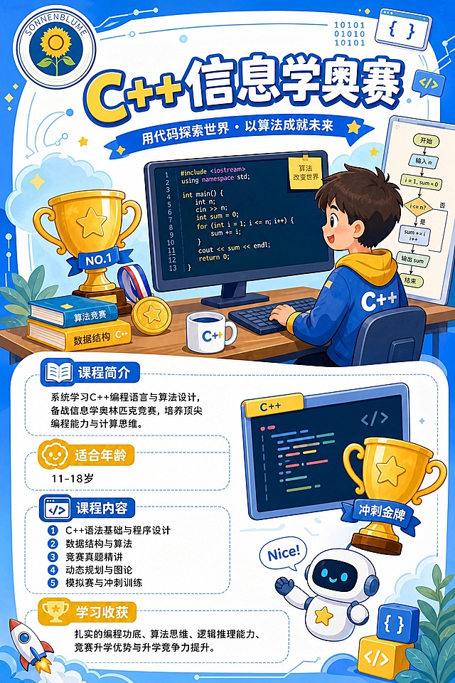 C++信息学奥赛课程介绍内页，卡通科技风格。左上角放置向日葵少儿编程logo（保持原图样式）。页面大标题："C++信息学奥赛"。四个内容板块：【课程简介】系统学习C++编程语言与算法设计，备战信息学奥林匹克竞赛，培养顶尖编程能力与计算思维。【适合年龄】11-18岁。【课程内容】1.C++语法基础与程序设计 2.数据结构与算法 3.竞赛真题精讲 4.动态规划与图论 5.模拟赛与冲刺训练。【学习收获】扎实的编程功底、算法思维、逻辑推理能力、竞赛升学优势与升学竞争力提升。配图为卡通电脑代码和奖杯元素，孩子编程学习场景，蓝黄主色调，手绘童趣风格，AI感不要太强。竖版A4。