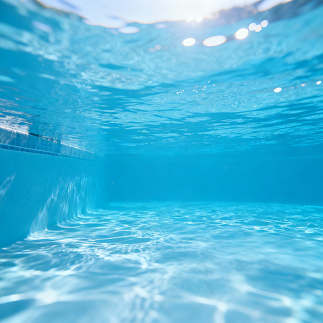 泳池水下场景素材图，采用水下拍摄视角，清澈的蓝色池水，干净简约的画面风格，整体光影柔和，空旷干净的水下空间