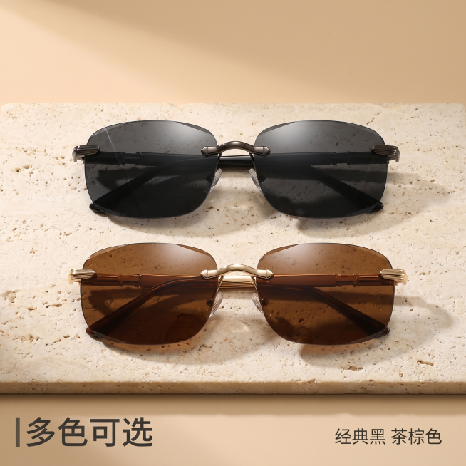 [主图 2] 多色太阳镜集合展示主图。
[氛围风格] 高级简约，商品陈列展示，清晰通透。
[画质] 商业摄影质感、光线柔和通透、产品清晰真实、画面干净高级。
[元素] 展示黑色、茶色两款无框切边太阳镜预览效果