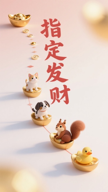 竖屏对角线方向，“指定发财” 字体斜向延伸（笔画随对角线拉长），左上角是聚宝盆，元宝沿对角线滚向右下角，四只小动物（小猫 / 小狗 / 松鼠 / 小鸭）沿途趴在元宝上 “搭便车”，浅红 + 淡金 +预览效果