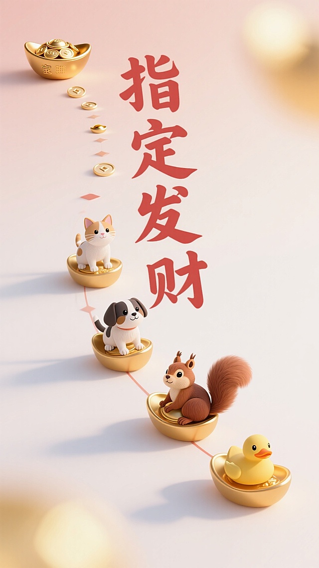 竖屏对角线方向，“指定发财” 字体斜向延伸（笔画随对角线拉长），左上角是聚宝盆，元宝沿对角线滚向右下角，四只小动物（小猫 / 小狗 / 松鼠 / 小鸭）沿途趴在元宝上 “搭便车”，浅红 + 淡金 + 奶白配色，柔焦渐变背景