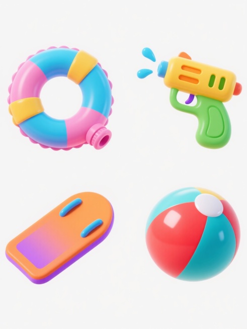 一套四个夏季水上玩具的系列图标，保持与原图一致的圆润卡通风格，采用明亮的渐变色彩（如粉蓝渐变、橙黄渐变、绿紫渐变等），每个图标都有清晰的轮廓线和高光细节，背景为纯白色。第一个图标是粉色和蓝色渐变的充气游泳圈，带有黄色的装饰条纹和充气阀门；第二个图标是黄色和绿色渐变的喷水枪，枪口有蓝色的水花喷出；第三个图标是橙色和紫色渐变的浮板，上面有蓝色的抓手；第四个图标是红色和青色渐变的水上皮球，表面有反光……预览效果