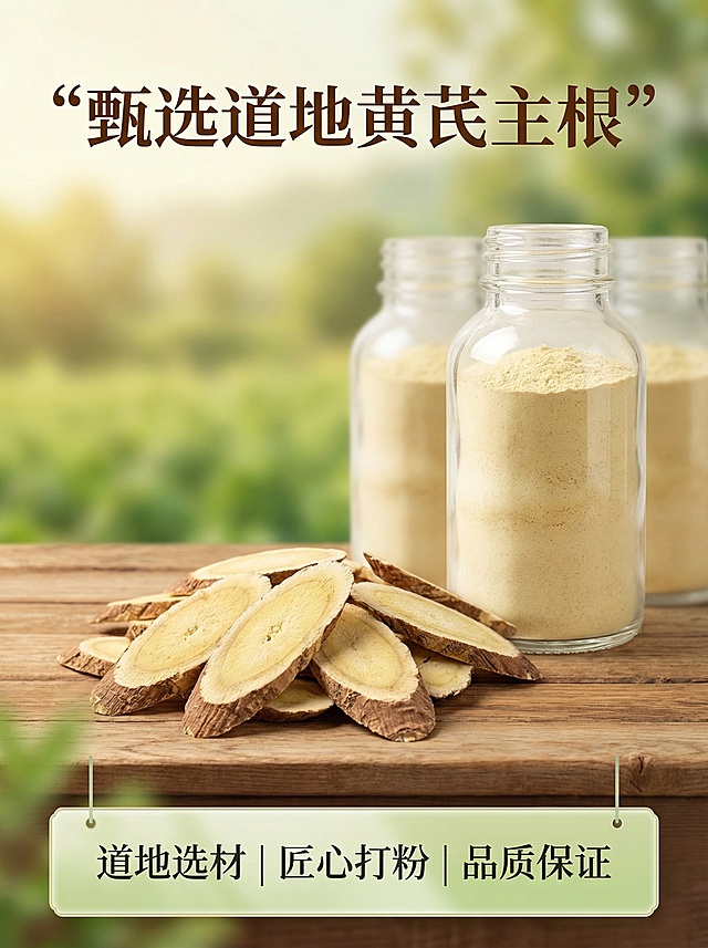 清新自然的实景画面，融合质朴木纹与中式水墨意境，轻拟物风呈现黄芪切片与粉末，传递道地药材的匠心品质。