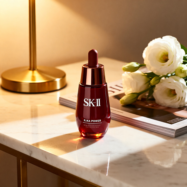 1:1 正方形构图，高端轻奢护肤氛围图，严格还原SK-II R.N.A. POWER 小红瓶精华产品，包装设计、酒红色高光玻璃瓶身、滴管泵头、白色 SK-II LOGO位置、瓶身文字内容等所有细节完全预览效果