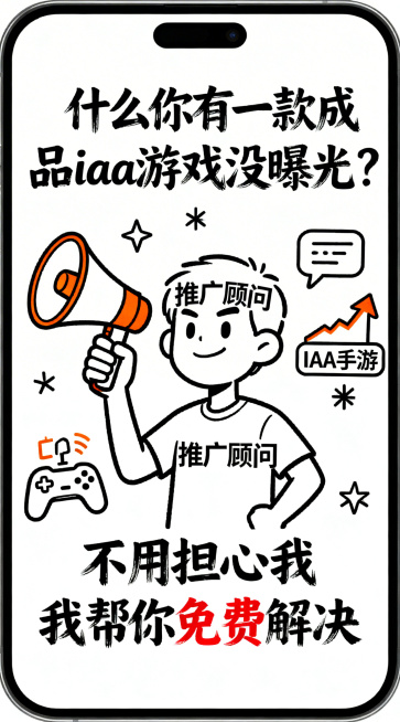 简笔画风格，黑白线稿为主，少量橙色/红色高亮色点缀，竖版手机海报构图，画面干净、留白充足、信息层级清晰。中心是一个手拿喇叭、表情自信积极的“推广顾问”卡通人物，旁边有一个用游戏手柄+广告符号表示的“I预览效果