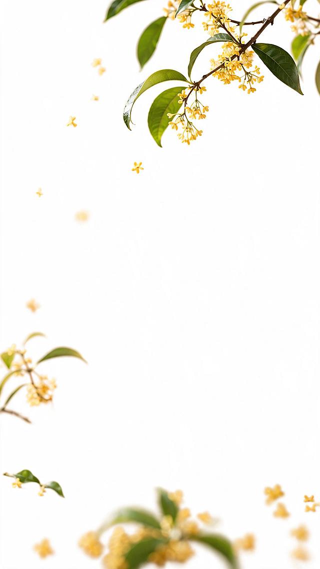 从原图中精准提取前景虚化的桂花花瓣和叶片元素，严格保持原始比例和原始相对位置，不放大不缩小；纯净透明背景PNG，高清无损画质，边缘干净无锯齿、无残影、无杂边、无底色残留；按元素实际大小自适应精准裁切，小元素按原生尺寸输出，禁止强行拉大占满整页留白