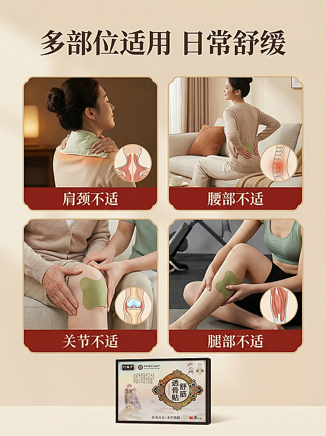 [主图 4] 舒筋透骨贴适用场景展示
[氛围/风格] 国潮国风，生活化温馨氛围，延续统一暖调风格
[画面元素] 商业摄影质感、光线柔和通透、产品清晰真实、画面干净高级。四宫格布局，每个宫格展示一个适用场景（肩颈不适、腰部不适、关节不适、腿部不适），产品包装盒放在主视觉区域下方居中展示，每个场景配简洁示意图，整体干净清晰，产品外观保持与原图一致
[配色色系] 主色调：暖米色、棕红色，延续前几图统一配色，辅助搭配浅绿自然色
[视角构图] 四宫格均衡排列，整体构图规整，信息清晰
[文字版式] 顶部主标题"多部位适用 日常舒缓"，深棕色粗体；每个宫格下方标注场景名称，字号适中清晰，不遮挡画面主体
[比例分辨率] 3:4比例，2k分辨率；文字清晰可辨，超高清
[负向提示词] 变形，水印，文字错乱，产品图模糊，背景杂乱，绝对化违禁用词，疾病治疗宣传