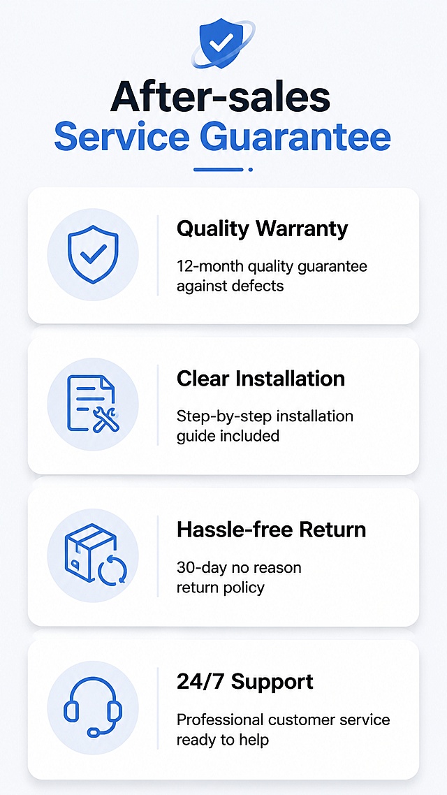 [第10屏] After-sales Service and Customer Guarantee page. Show customer service commitment for Amazon buyers.
[氛围/风格] Reassuring, professional, clean and clear layout, reduce purchase concerns.
[元素布局] Top main title "Our Customer Promise", then four service cards arranged vertically: 1. Quality Warranty, 2. Easy Installation Guide, 3. Hassle-free Return & Refund, 4. 24/7 Customer Support. Each card has an icon on left, text description on right, consistent with previous card style.
[光影质感] Soft uniform lighting, subtle shadows for layering, cards distinct, easy reading.
[配色色系] Global background #f5f7fa, card background #ffffff, title accent blue, black body text, same style as the core advantages page to keep design consistent.
[文字版式] Main title "After-sales Service Guarantee", each card: "Quality Warranty" "12-month quality guarantee against defects", "Clear Installation" "Step-by-step installation guide included", "Hassle-free Return" "30-day no reason return policy", "24/7 Support" "Professional customer service ready to help". All English, correct grammar, no Chinese characters, text clear and legible.
[比例分辨率] 9:16 vertical, 4K resolution, high definition, text legible.
[负向提示词] Chinese characters, wrong service descriptions, blurry icons, misspelled words, cluttered layout, exaggerated promotion claims.